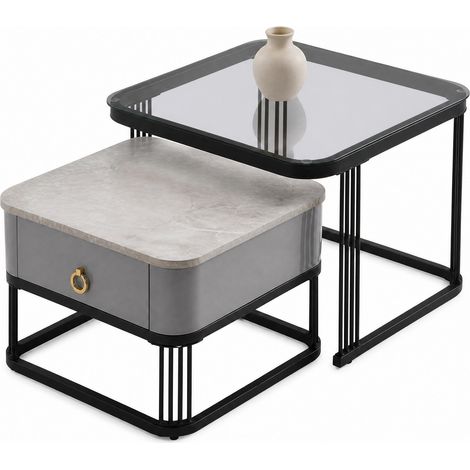 Table basse gigogne design noir et gris, 2 tables modulables avec plateau effet marbre et verre, 2 tiroirs, structure métal, meuble salon moderne - CHICFURN (1/5)