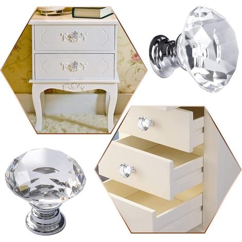 Lot de 6 poignées de meuble en verre cristal, 30 mm, forme diamant, pour tiroirs, armoires de cuisine, commodes, placards, penderies