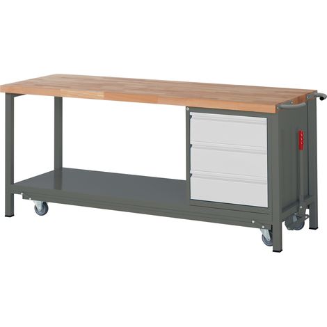 STIER Werkbank Premium mit abs. Fahrgestell und 3 Schubladen BxTxH 2000x700x880 mm (1/5)