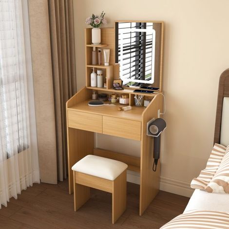 Coiffeuse Chambre 60x36x130cm avec Miroir et Tabouret LED Tricolores 2 Tiroir Ouvert Rangement Racks de sèche Cheveux et Prises Table de maquillage Moderne Bois