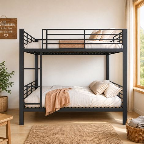 Lit superposé adulte 2x140x200 cm, acier renforcé, charge 400 kg, anti-grincement, garde-corps haut, noir, sans matelas (1/5)