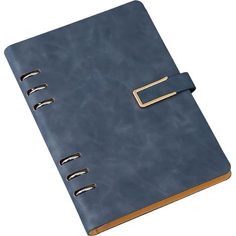 Classeur A5 à 6 anneaux avec couverture en cuir synthétique et feuilles de recharge A5 pour réunion, voyage et agenda Bleu foncé (1/5)