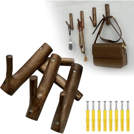 Lot de 8 crochets muraux en bois naturel avec branches en bois dur naturel avec trous pré-percés, crochets décoratifs pour rangement (1/5)