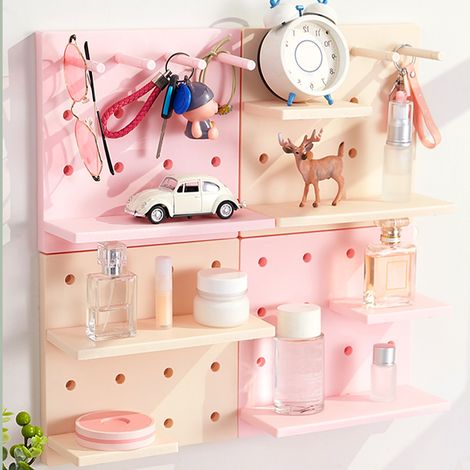 Étagère à panneaux perforés, rangement créatif pour poupées surprises, rangement multifonctionnel, sans perçage, fixation murale pour chambre d'étudiant, rose (1/5)