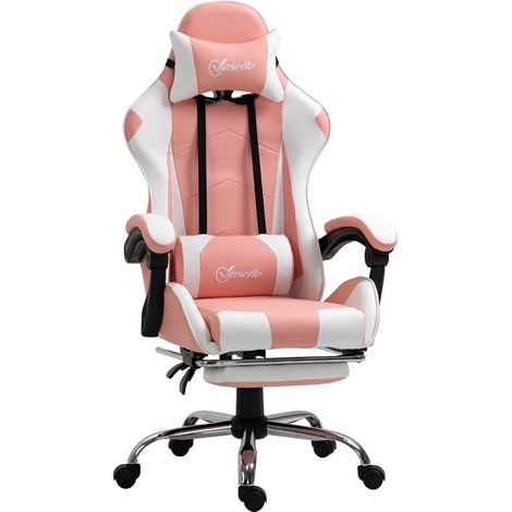 Fauteuil gaming rose ergonomique avec appuie-tête, coussin lombaire, repose-pieds, accoudoirs connectés, pivotant, fonction basculante 120cm