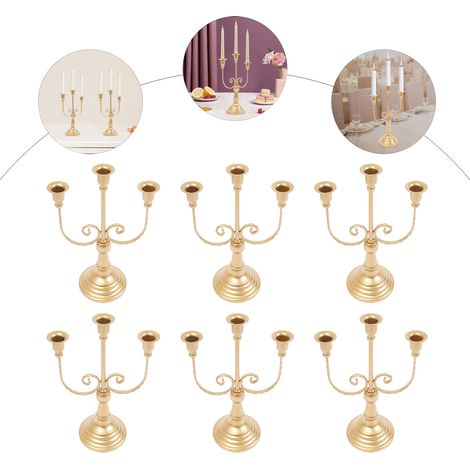 Lot de 6 bougeoirs rétro à 3 branches, bougeoirs de table dorés de 30cm pour la salle à manger, Luminaire (1/5)