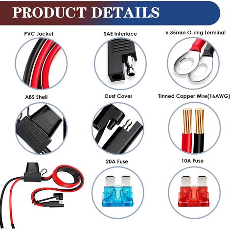 Lot de 2 Connecteur SAE 12V, Câble de Charge SAE pour Batterie de Moto, Connecteur Chargeur Batterie Moto avec Fusible 10A, 12V 16AWG Câble d'extension à déconnexion Rapide pour Tracteurs Voitures