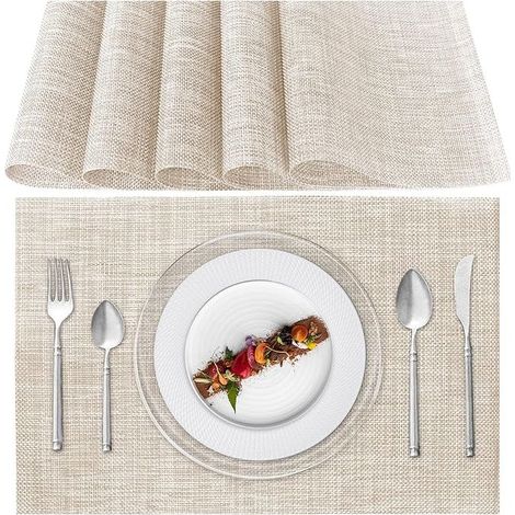 Sets de Table Lavable, Lot de 6 Sets de Table Plastique PVC, Résistant à la Chaleur, Antidérapant, pour Cuisine Table à Manger (Beige)