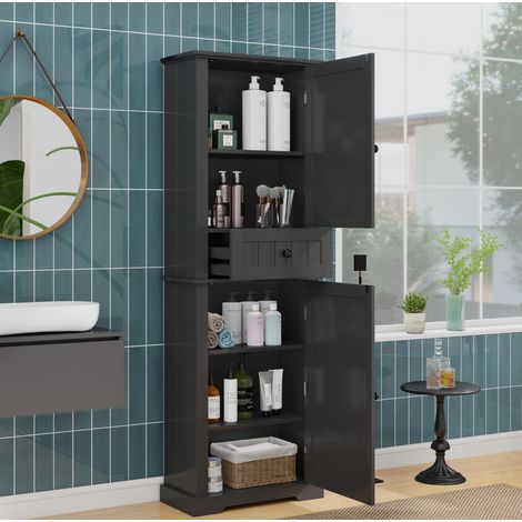Armadio bagno nero in MDF 56 x 28 x 167,3 cm con 2 ante e cassetto (1/5)