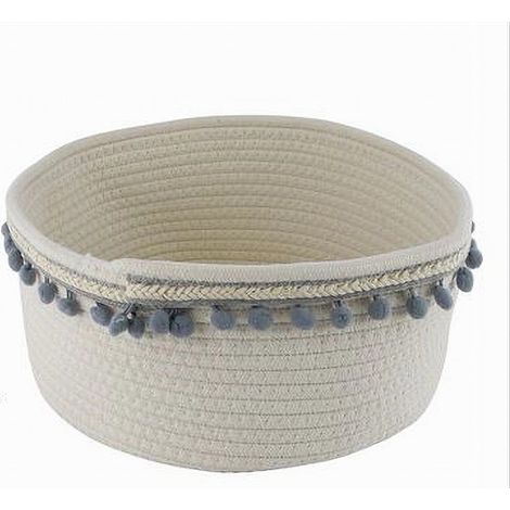 TRADE SHOP - Cesto Porta Oggetti Per Biancheria In Corda Pon Pon Grigi Cestino 30x14 Cm 10671 - (1/5)