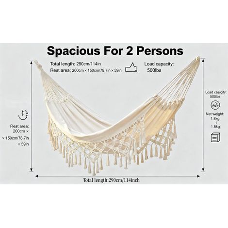 Hammock Double en Coton avec Franges Macramé Balancelle de Jardin Intérieur Extérieur Suspendu pour 2 Personnes Charge 226kg (1/5)