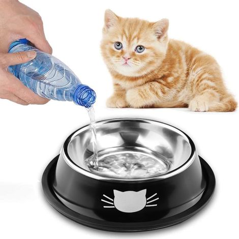 Gamelle pour Chat, Gamelle Chat en Acier Inoxydable, Mangeoirs et Abreuvoirs, Noir (1/5)