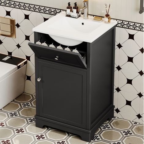 Mueble lavabo 51 cm con lavabo de cerámica, cajón y almacenamiento, en MDF, negro (1/5)