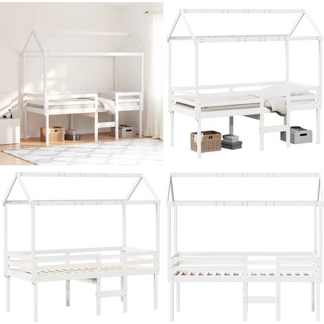 Cama alta con techo blanca madera maciza pino blanca 90x200 cm - Cama con techo - Cama de madera