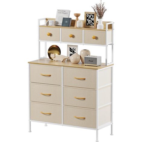 Kommode mit 9 Schubladen, Stoffkommode mit Metallgestell, Holzplatte, Beige (1/5)