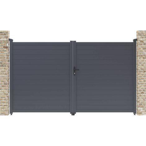 Habitat Et Jardin – Portail aluminium 299.5 x 180.9 cm – 2 portes avec serrure – Anti-UV et anti-rouille – Structure moderne gris