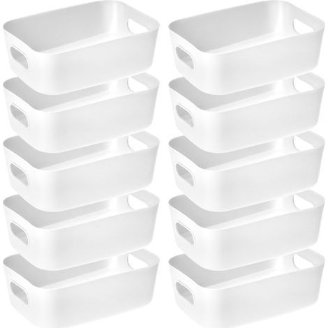 10er-Set weiße Kunststoff-Aufbewahrungsboxen mit Griff (20,5 x 14 x 7 cm), stapelbar, ideal für Zuhause, Büro und Schule. (1/5)