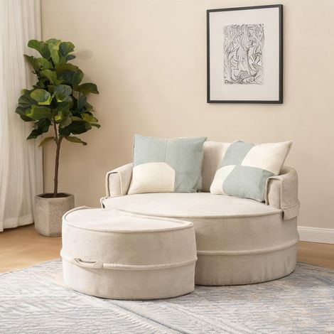 Canapé rond beige 5 coussins pouf mousse chenille en foam (1/5)