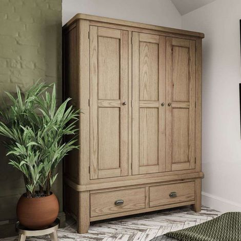 Armoire 3 portes 2 tiroirs 150x57x200 cm en chêne massif - SUNDELI