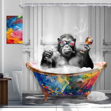 Rideau de Douche Motif Singe Amusant 152,4 x 183 cm Noir et Blanc Animal dans la Baignoire Chimpanzé pour garçons et Hommes Graffiti Moderne Imperméable Accessoires de (1/5)