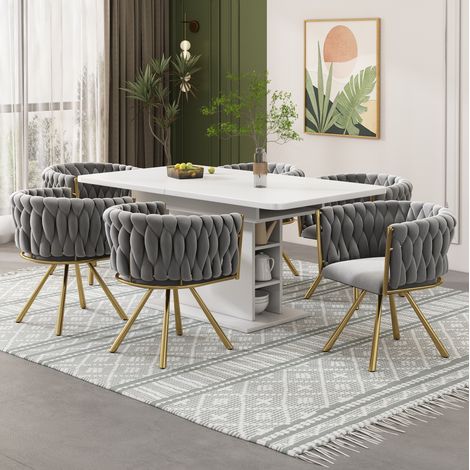 Drehbarer Esszimmerstuhl aus Samt in Grau und Gold, 6er-Set mit Metallgestell und 360°-Drehfunktion,59×54×72cm (1/5)