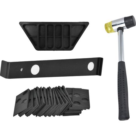 Kit de pose de revêtement de sol stratifié avec outil comprenant un maillet en caoutchouc, une barre de traction, un bloc de frappe et 20 entretoises. (1/5)