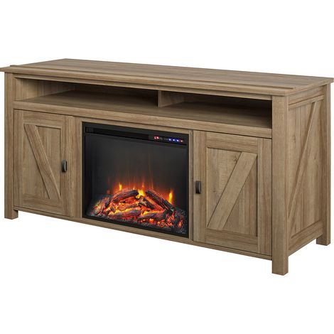 Buffet lowboard avec cheminée électrique – Bois robuste certifié FSC – Compartiments de rangement intégrés – Style chêne moderne
