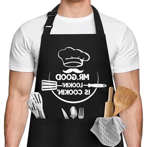 Grembiule da cucina con 3 tasche, regolabile, impermeabile, protettivo, regalo divertente per papà - nero (1/5)