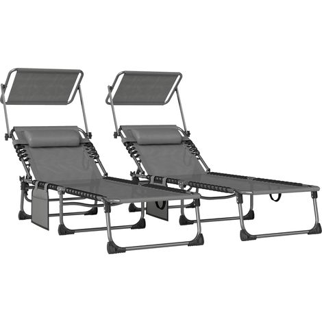 Set di 2 lettini pieghevoli con poggiatesta, ombrellino parasole, tasca laterale e schienale reclinabile in 5 posizioni, colore grigio.