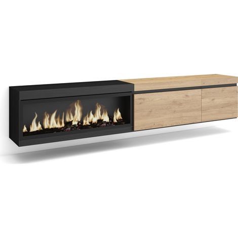 Skraut Home - Mueble TV, Televisión, Muebles de salón, almacenaje, 237x45x35 cm, Para TV gran formato, Chimenea eléctrica XXL, Colgado, Suspendido, Estilo Moderno, Roble y negro (1/5)