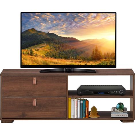 COSTWAY Industrielles TV-Regal für Fernseher bis zu 55 Zoll, TV-Schrank mit 2 Schubladen, multifunktionaler Fernsehschrank mit verstellbarem Regal für Wohnzimmer & Schlafzimmer Walnuss (1/4)
