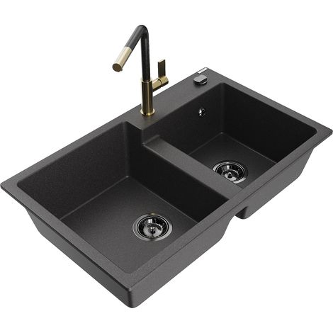 Mexen Tomas fregadero de granito de 2 compartimentos con grifo de cocina Flora, negro moteado - 6516-76-670401-75-B (1/5)