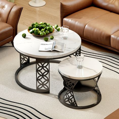 Nesting Tische Metall Schwarz/Weiß, 2er-Set Couchtische mit Marmor-Veneer, 70 cm, platzsparend