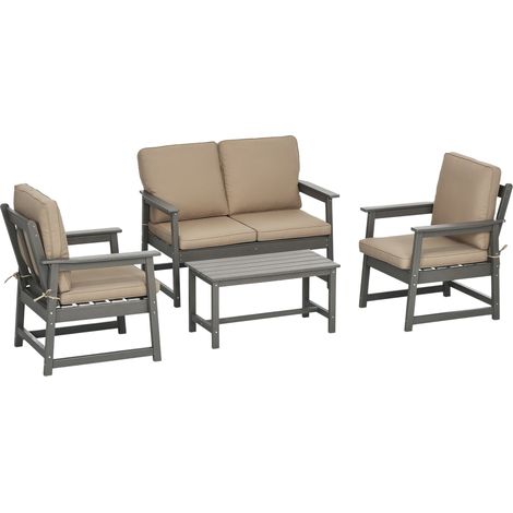 Salon de jardin en HDPE avec fauteuil, 2 fauteuils et table basse, ensemble extérieur 4 pièces avec coussins, gris foncé (1/5)