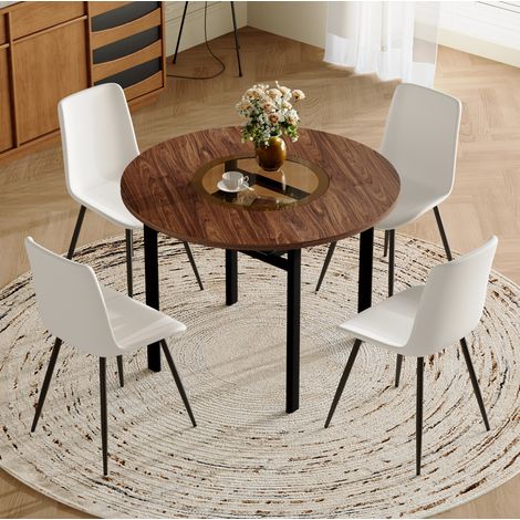 CHICFURN Conjunto mesa comedor redonda 100 cm efecto madera marrón, 4 sillas PU blancas (1/5)