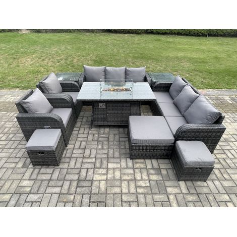 Fimous Polyrattan Gartenmöbel Set Gas Feuerstelle Esstisch mit 2 Beistelltischen Sessel Loveseat Sofa 3 Hockern (1/5)