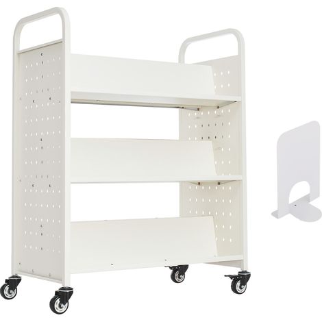 Mophorn Carrello Portalibri con Ruote 970 x 515 x 1225 mm, Struttura Rotante per Libri, Capacità 150 kg, Ripiani a W Bifacciali con Ruote Bloccabili da 7,6cm per Casa, Ufficio e Scuola, Colore Bianco (1/5)