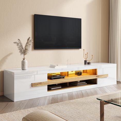 Meuble TV 200 cm - éclairage led  2 portes niches ouvertes - style moderne - pb - blanc (1/5)