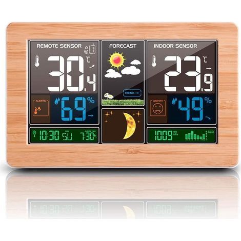 Station Météo Thermomètre Hygromètre Baromètre Intérieur Extérieur avec Capteur LED Ecran, Rétro-éclairage Horloge Numérique Affichage Heure Date Jour Phase de Lune (Jaune) (1/4)