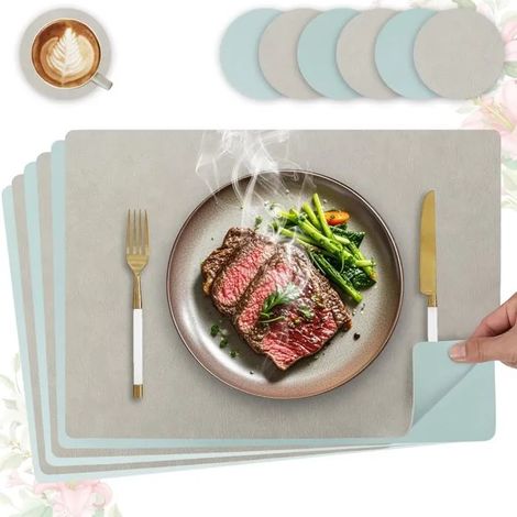 Set de table lavable et antidérapant, lot de 6 en cuir PU double face, 43x30cm, gris clair - Gris Clair + Bleu Clair Carré Lot de 6 (1/5)