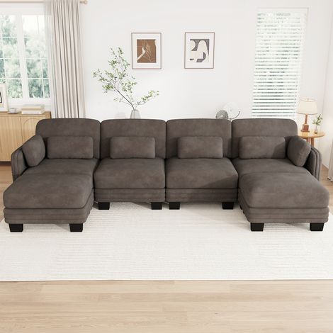 Canapé modulable en u - 4 places - 2 ottomans - assise profonde - tissu chenille - structure en bois massif - grand confort - brun (1/5)