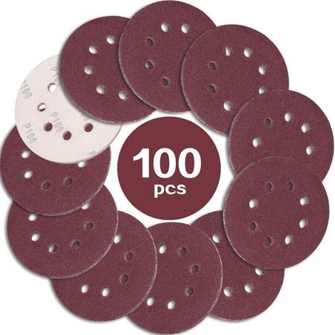 100 discos de lijado de 125 mm, grano 100, discos de lijado de papel abrasivo de 8 orificios, ideales para lijar/pulir con lijadoras orbitales aleatorias (1/5)
