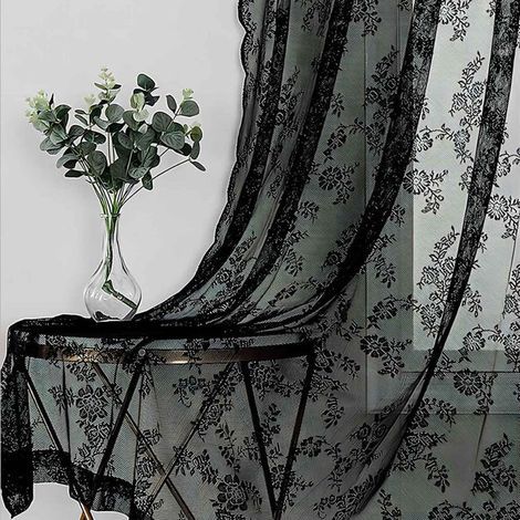 Gothic Black Lace Curtains 150x250 cm, 2 Panels with Vintage Rose Pattern, Light Filtering for Living Room (1/5)