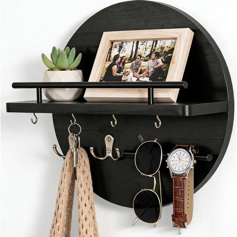 Organisateur de clés avec étagère, bois vintage, boîte à clés avec crochet, rond, avec 6 crochets pour clés, pour salon, bureau, cuisine, chambre, couloir (noir) (1/5)