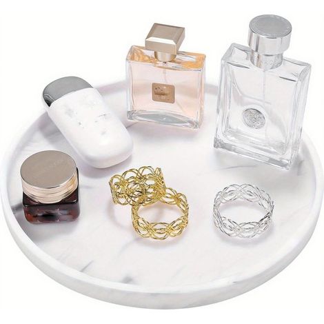 Plateau rond en silicone de 27 cm, motif marbre blanc, pour salle de bain et cuisine, idéal pour les bijoux et les parfums.Blanc (1/5)