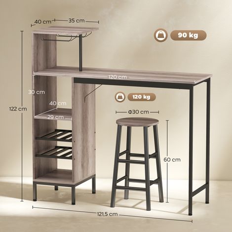 Ensemble table de bar 3 pièces avec rangement, casiers à bouteilles, porte-verres et tabourets avec repose-pieds, idéal pour les petits espaces, gris. (1/5)