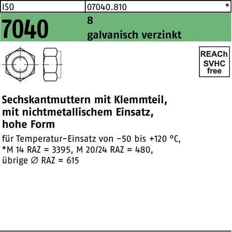 Écrou hexagonal ISO 7040 Pièce de serrage M20 8 galv. 50 pièces