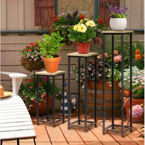 Set de 3 supports pour plantes 21x21x50/70/90 cm en acier noir, gain de place pour balcon FloraGrace (1/5)