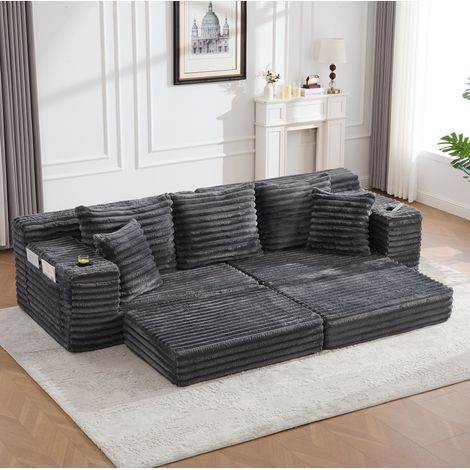 FloraGrace M530 canapé en cordon gris foncé, 273 x 98 x 87 cm, assise confortable, poches latérales, porte gobelets, modulable (1/5)