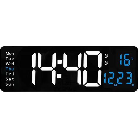 Horloge murale LED 16 pouces, affichage numérique nordique avec calendrier et thermomètre, pour salon, couleur bleu glacier. (1/5)